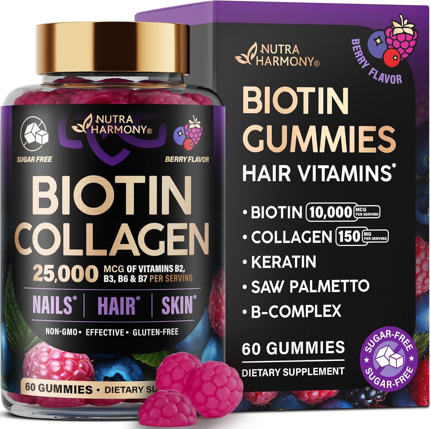 Biotin Gummies with Collagen – Hair Growth Support Skin, & Nail Strength – for Women & Men – Biotin 10000mcg | Keratin | Hyaluronic Acid | B-Complex | Saw Palmetto – Sugar-Free, Mixed Berry – 60 Gummy
