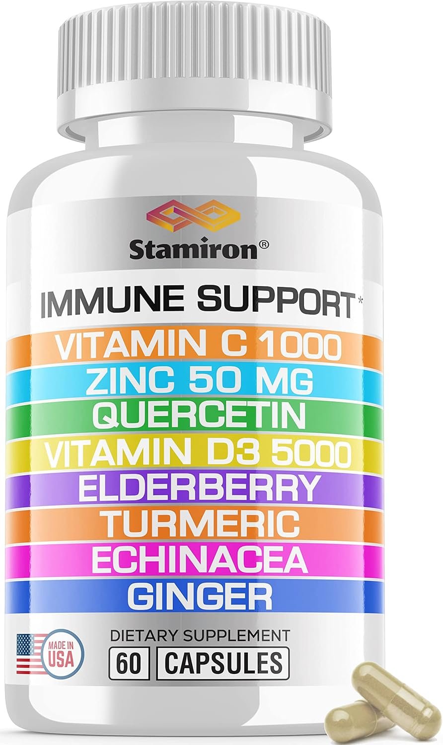8 in 1 Immune Support with Quercetin Zinc 50mg Vitamin C 1000mg Vitamin D3 5000 IU and Elderberry Echinacea Ginger for Adults Kids – VIT D Supplement Veg Capsules
