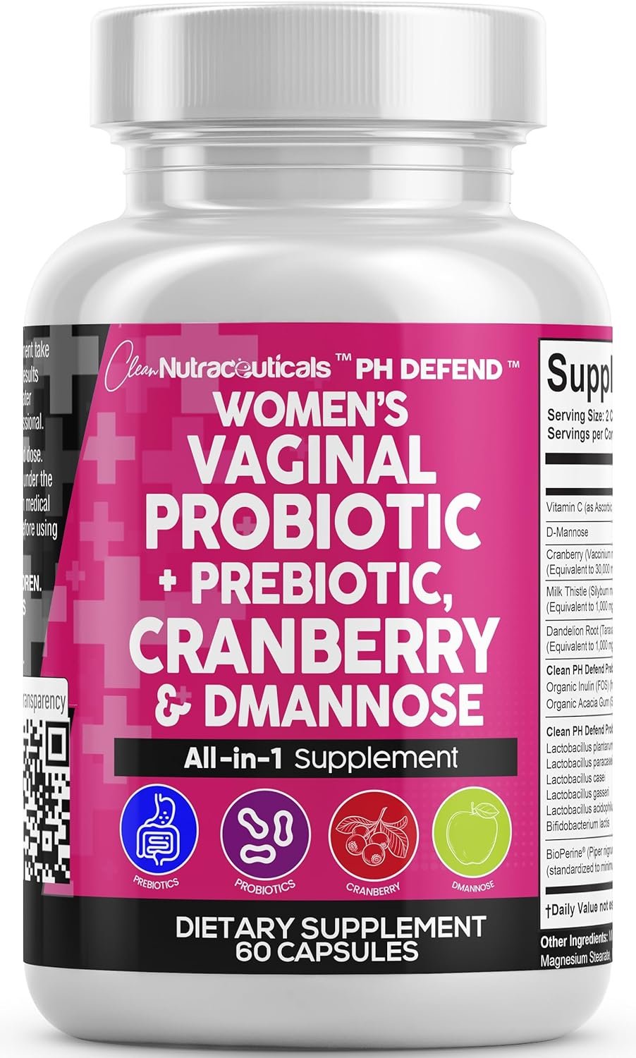 Clean Nutraceuticals Vaginal Probiotics for Women with Cranberry, D-Mannose, Prebiotics, pH Balance Support, Feminine Health, Urinary Tract Cleanse – Capsule Alternative to Gummies – 60 Count