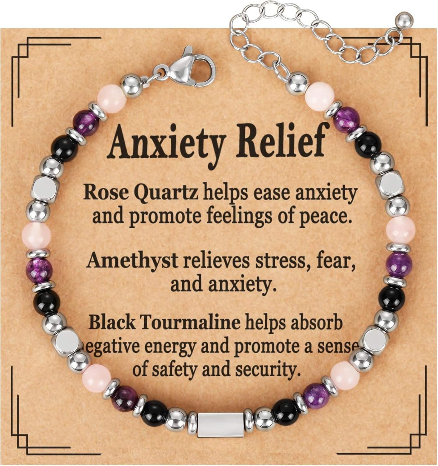 Natural Healing Crystal Bracelet for Women, Triple Protection Anxiety Relief New Beginnings Good Luck Empath Protection Jewelry Gift for Friends Daughter Mom 6.5+1.8 Inches