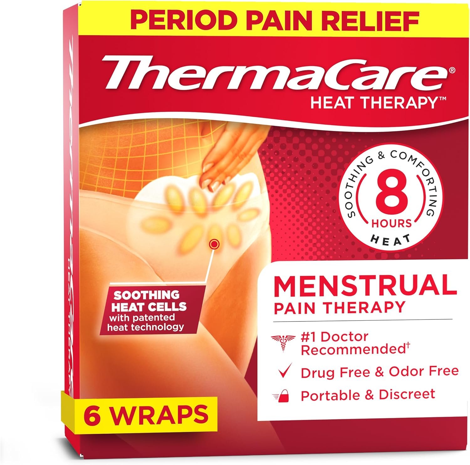 ThermaCare Menstrual Heating Pads – Portable, Adhesive HeatWraps for Period Cramps & Backache Relief – Discreet, Cord-Free Heat Therapy – Up to 8 Hours of Relief