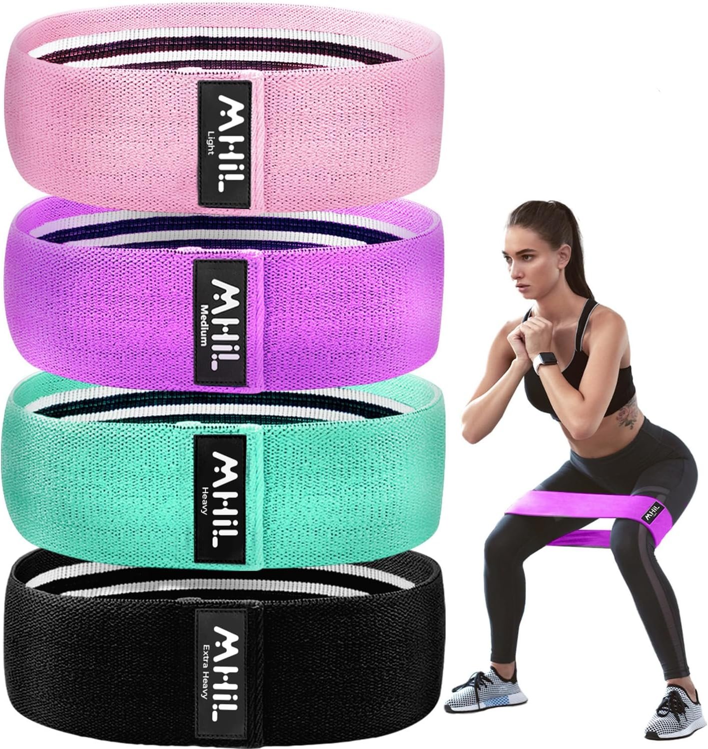 Fabric Resistance Bands for Women & Men – 4 Durable Exercise Bands for Working Out, Non-Slip & Non-Pinching Workout Bands – Multiple Resistance Levels Booty Bands for Legs Butt Glutes Hips Abs & More.