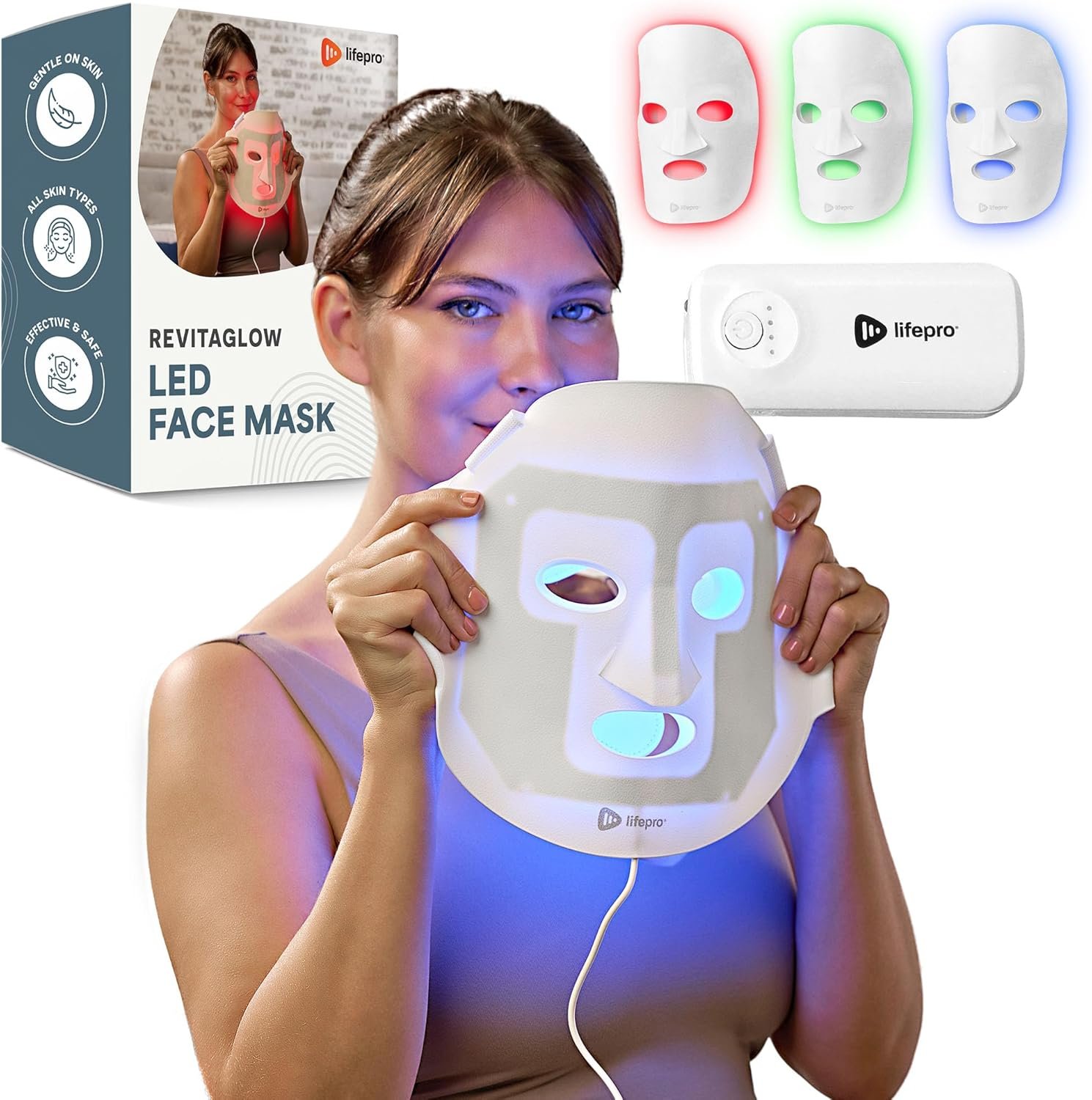 Lifepro LED Silicone Face Mask – LED Red Light Therapy Face Mask with 3 Colors for Face and Neck – Portable Skin Care Device for at-Home Facials
