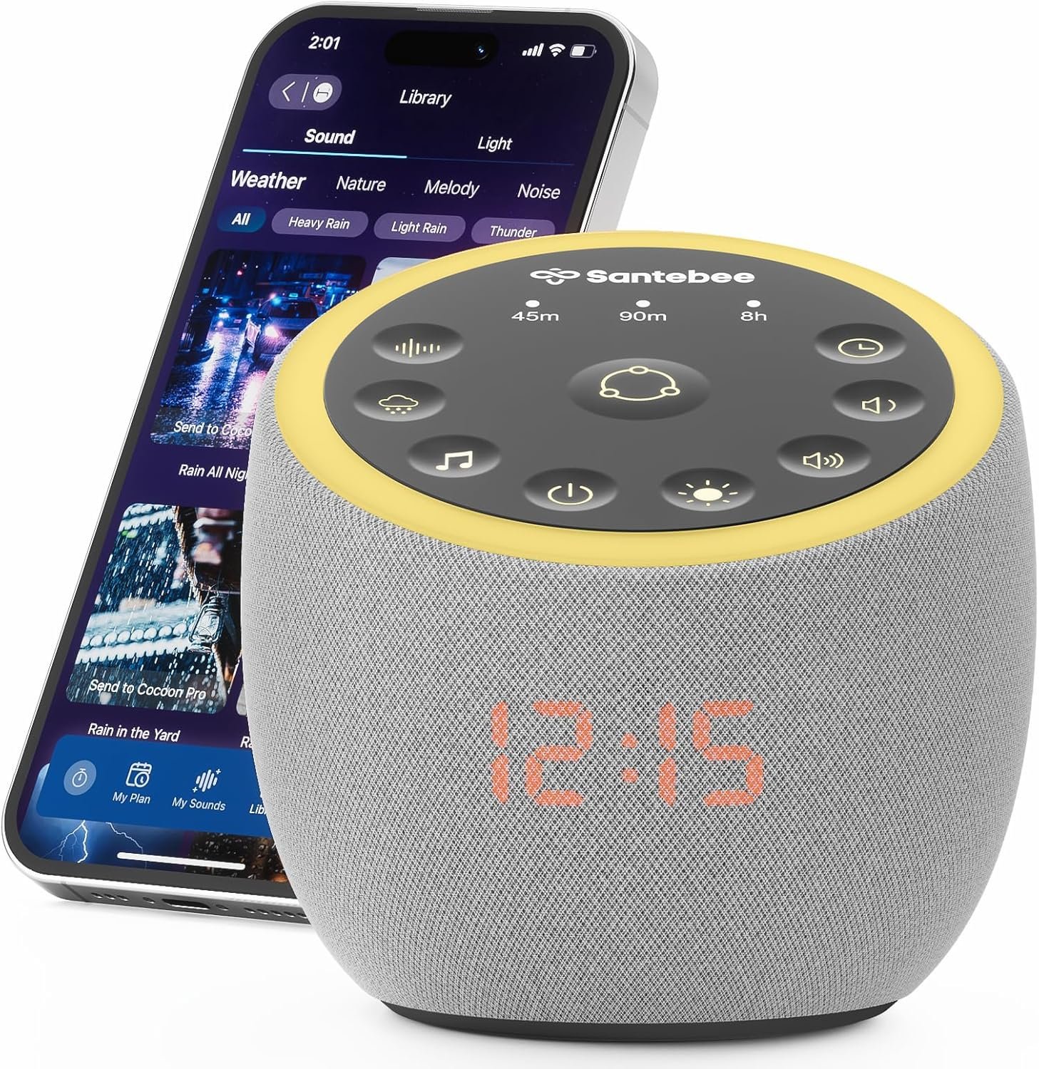 White Noise Sound Machine for Sleeping, 388 Soothing Sounds, Smart APP Control, Custom Buttons, Non Looping Natural Sounds, Bedside Dimmable Clock, Night Light, Santebee for Adults Baby Kids Lullaby